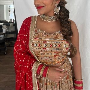 🥰Beautiful red/gold/tan lengha lehenga Size US 4 offers welcome♥️